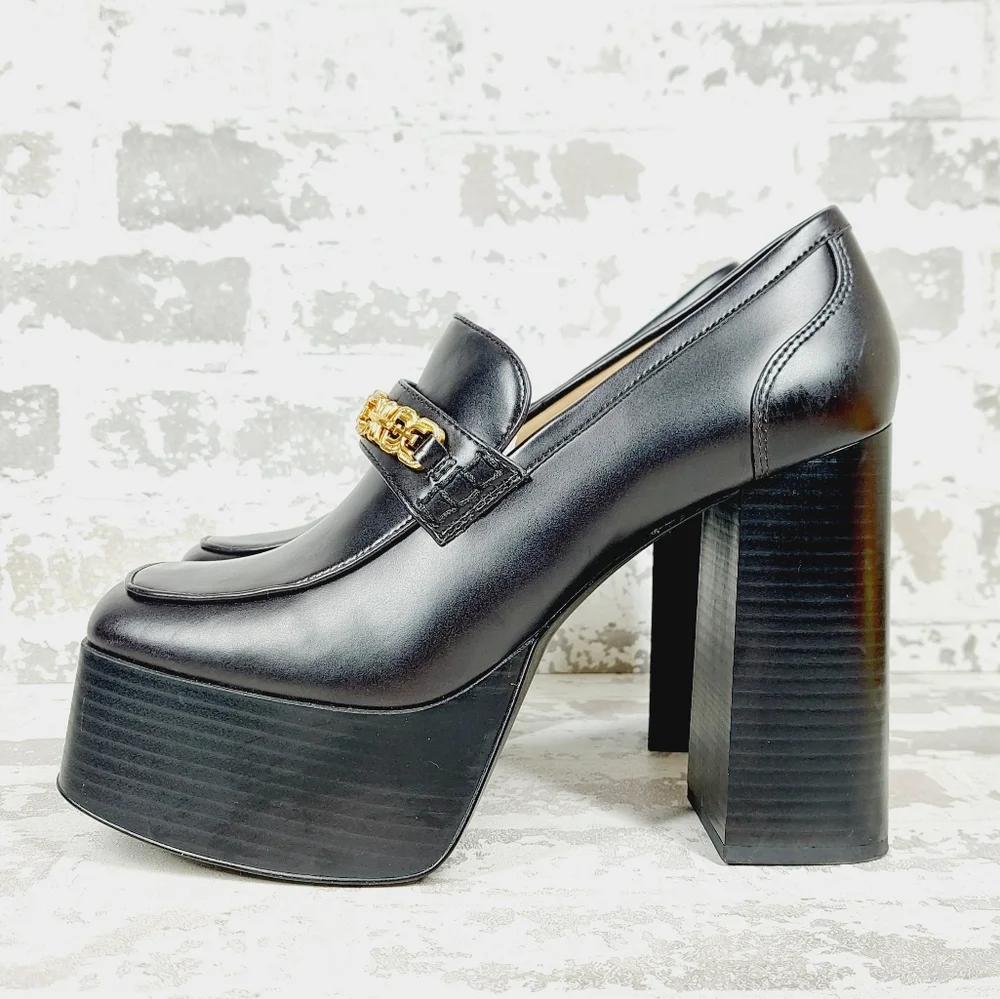 New SAM EDELMAN Rowe Platform Black Faux Leather Heeled Loafers i 622 - Picture 1 of 13